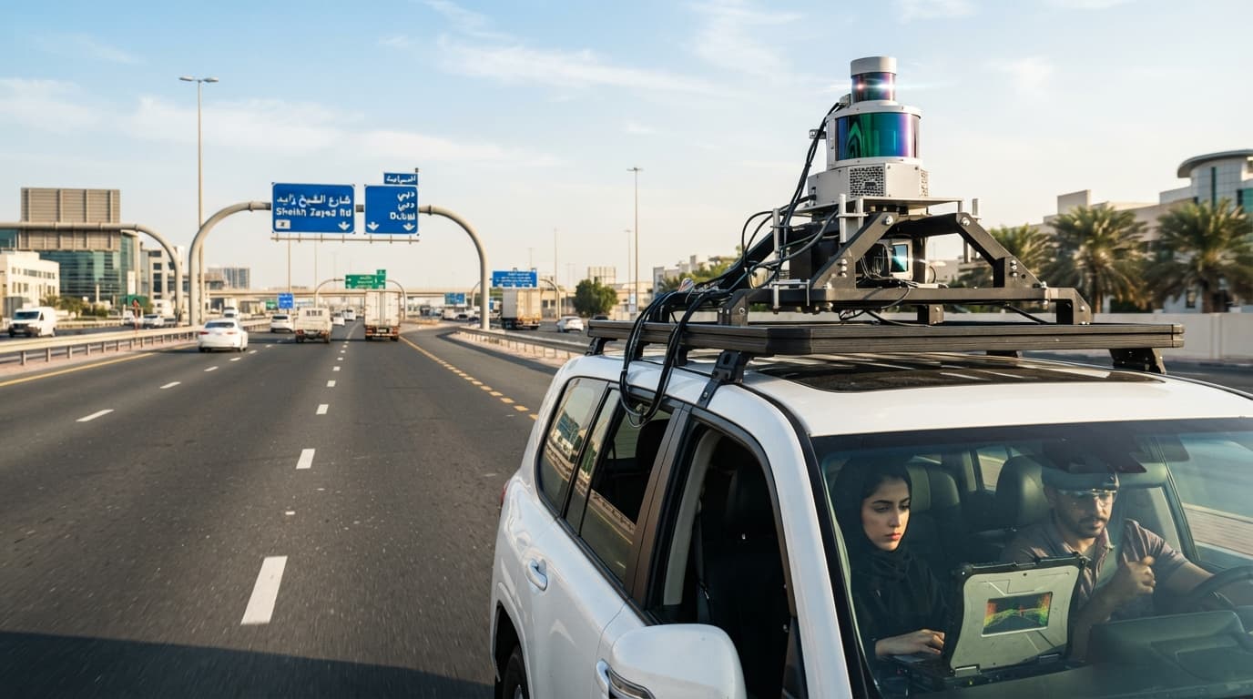A vehicle-mounted LiDAR scanning unit captures a road surface and surrounding infrastructure such as lighting poles and signage on a Dubai road.
