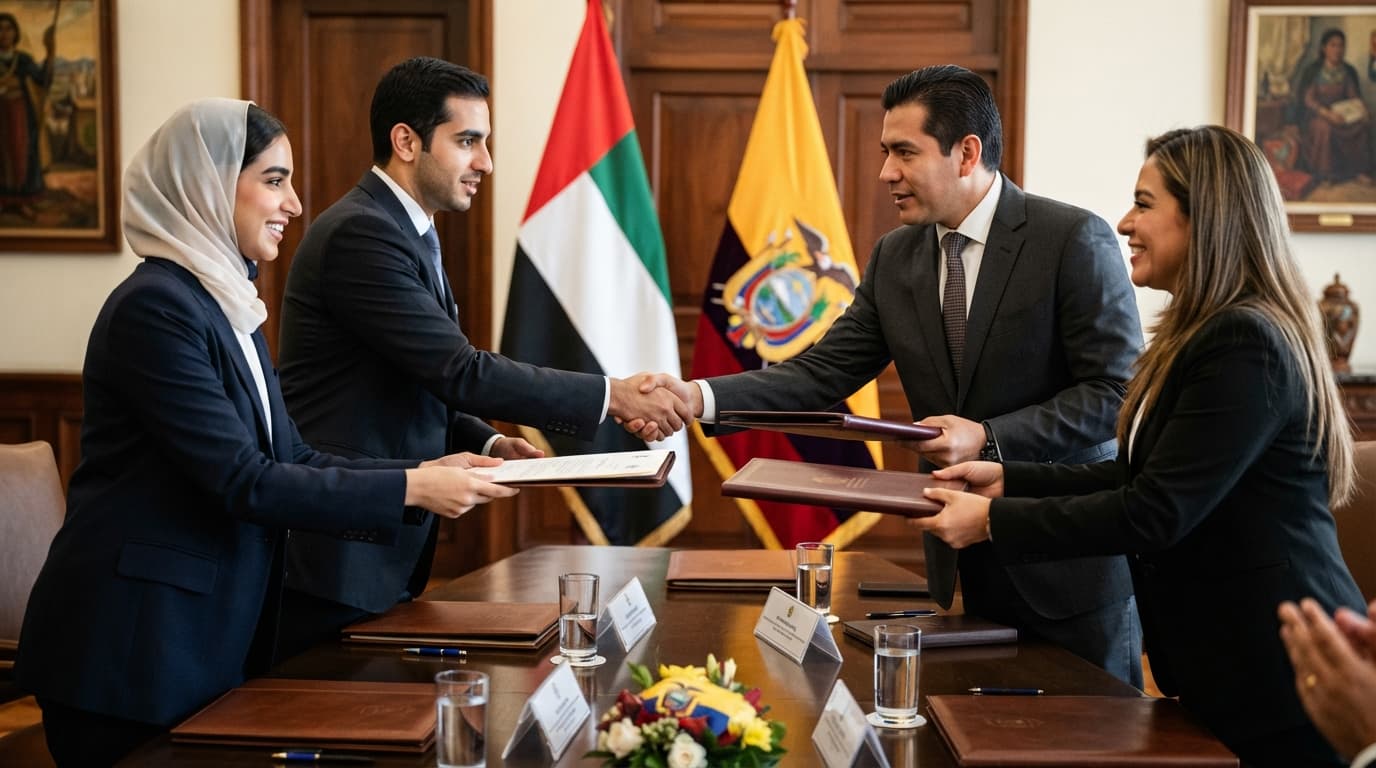 Government officials in suits seated around a conference table during a bilateral meeting in Quito, with national flags of the UAE and Ecuador visible in the background.