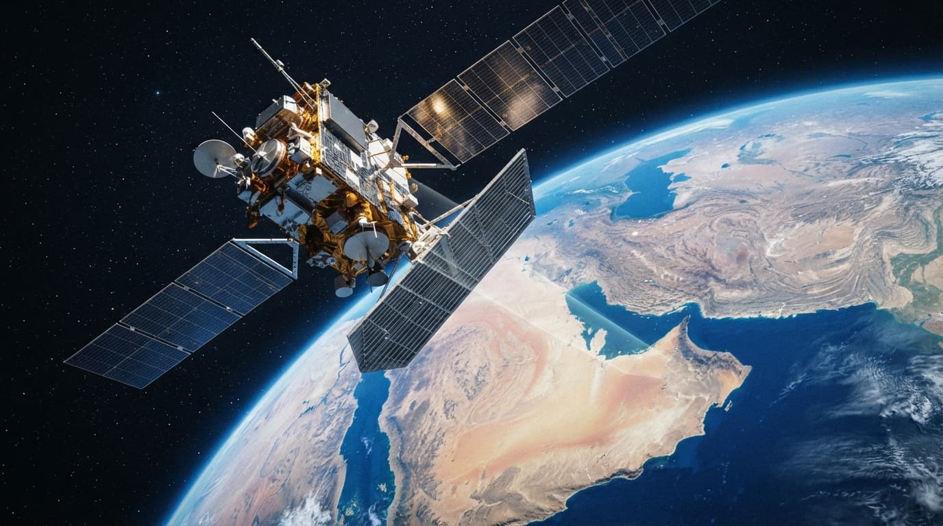 An artist's depiction of synthetic aperture radar satellites orbiting Earth, capturing imaging data over the planet's surface.