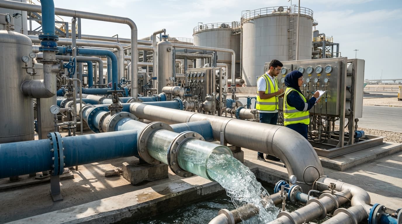 A seawater reverse osmosis desalination plant with pipelines and industrial towers near the coast, adjacent to a power generation facility.